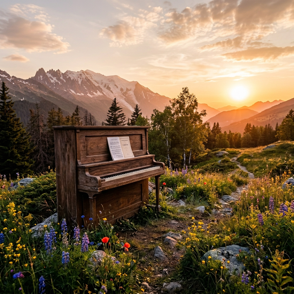 Upright piano in a wildflower meadow with snowy mountains at sunset