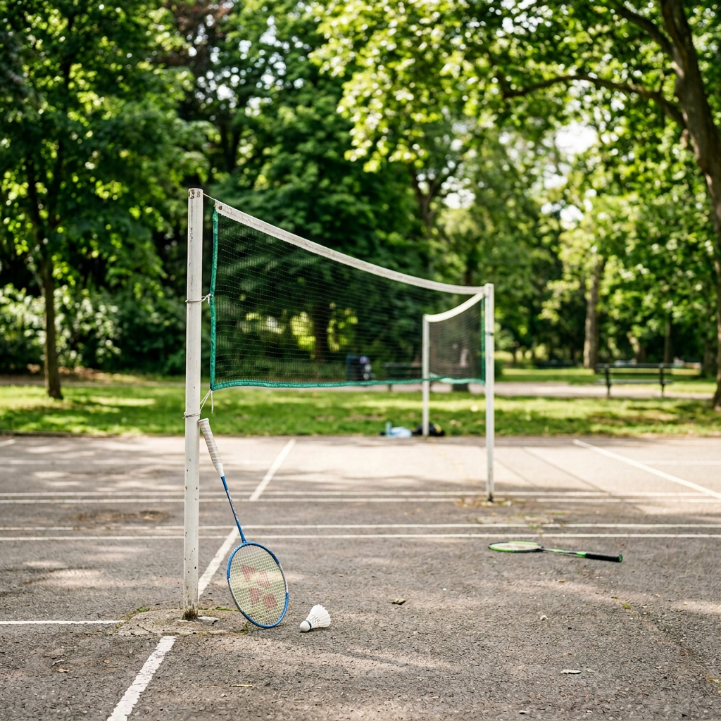 Badminton rackets with no humans, scenic background